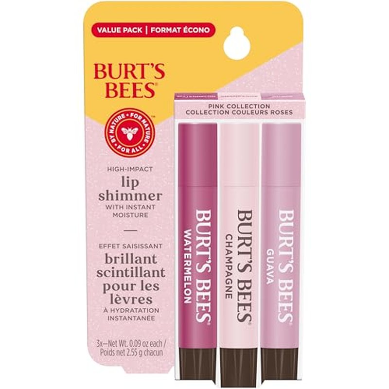Burt's Bees Lip Shimmer Pink Collection; Luminescent Color; High Impact, Instant Moisture; with Shea and Cocoa Butters; 100% Natural Origin; 3 Shades; Value Pack, 3 Tubes x 0.09 Oz. (Pack May Vary)