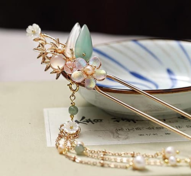Yuri Hairpin Hair Clasp Sticks Picks Pearl Shell White Crystal Long tassels Hair Accessories For Long Hair Women Wedding Hanfu Cheongsam (green bird)