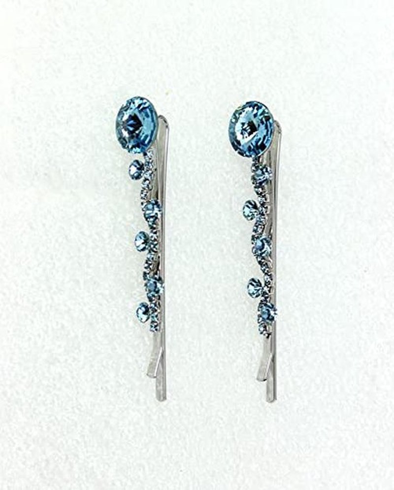 Faship A Pair Of Navy Blue Premium Rhinestone Crystal Floral Hair Clips 2 Pcs Pins - Navy Blue/Gold Plated