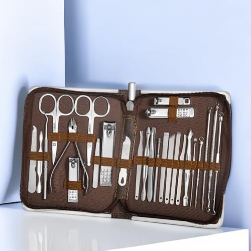 Nail Clippers Set 26 Piece Set Stainless Steel Nail Clippers Set Household Nail Cutter Suit with Box Trimmer Grooming Manicure Pedicure Nail Tools Pedicure Tools for Feet(Brown)