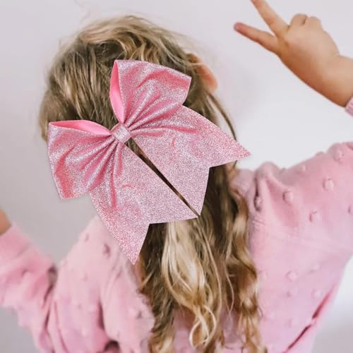 KISZU Hair Clips, Large Big 7inch Sequin Glitter Cheer Bow Clips for Women and Girls, Jumbo Giant Bow Clips Ponytail Holder Big Hair Clips Costume Accessories, Pink