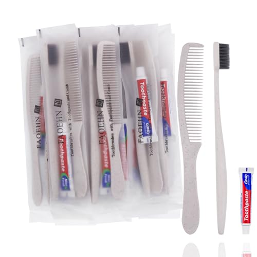 FAOEHN 10 Pack Apricot Disposable Toothbrushes with Toothpaste and Comb Set,10g Toothpaste,7inch Hair Comb,Individually Wrapped Disposable Travel Size Toothbrushes in Bulk for Homeless,Airbnb,Hotel