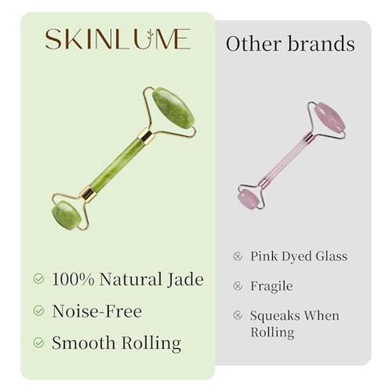 Jade Roller Gua Sha Facial Tool - For Face Neck Eye Jawline, Reduce Puffiness and Tension, Gift Set for Men Woman 100% Natural Jade Stone - SkinLume (Green)