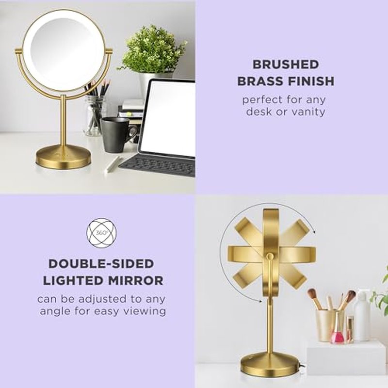 Conair Lighted Makeup Mirror, LED Vanity Mirror, 1X/10x Magnifying Mirror, Corded in Brushed Brass Finish