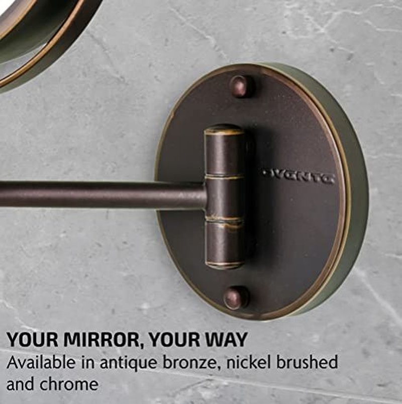 OVENTE 7" Lighted Wall Mount Makeup Mirror with 1X/10X Magnification, Cordless Double Sided Magnifying Round Vanity Mirror, 360° Swivel Design, Extendable and Folding Arm, Nickel Brushed MFW70BR1X10X