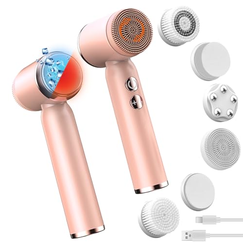 Landmore Facial Cleansing Brush, 8 in 1 Spin Face Wash Brush Rechargable Waterproof Face Scrubber with 6 Brush Heads, 3 Speeds for Deep Cleansing, Exfoliator, Thermal & Cold Massager Skin Care, Pink