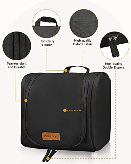 MULISOFT Toiletry Bag for Women and Men, Water-resistant Travel Makeup Bag with Hanging Hook, Compact Travel Toiletry Organizer Bag, Makeup Organizer Bag for Cosmetics, Dopp Kit Shaving Bag, Black