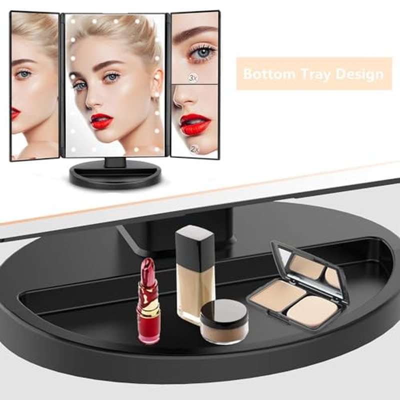 Flymiro Tri-fold Lighted Vanity Makeup Mirror with 3x/2x Magnification,21 LEDs Light and Touch Screen,180 Degree Free Rotation Countertop Cosmetic Mirror,Travel Makeup Mirror (Black)