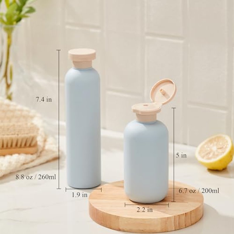 Qeuly Squeeze Bottles with Pump Dispenser and Flip Cap, 6.8 oz Refillable Travel Containers for Toiletries, Plastic Travel Shampoo and Conditioner Bottles (Blue 200)