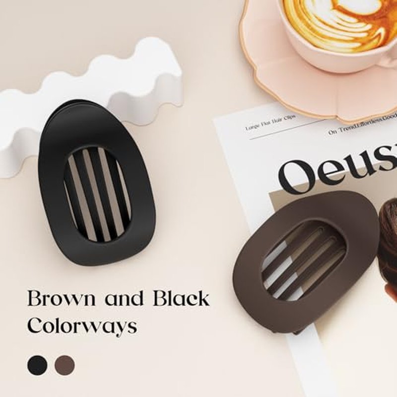 Oeusnael 2 PCS Flat Hair Clips, French Round Lay Down Claw Clips for Women Girls, Matte Non-slip Strong Hold Hair Clips for Thick Thin Curly Hair, Comfortable Curved Flat Hair Clips, Brown & Black