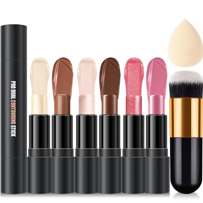6 Colors Cream Contour Stick Makeup Kit,Shades with Highlighter Stick,Blush Stick and Bronzer Contour Stick for Sculpt the Cheeks,Long Lasting,Waterproof,Matte & Dewy Finish for Woman (SET A)