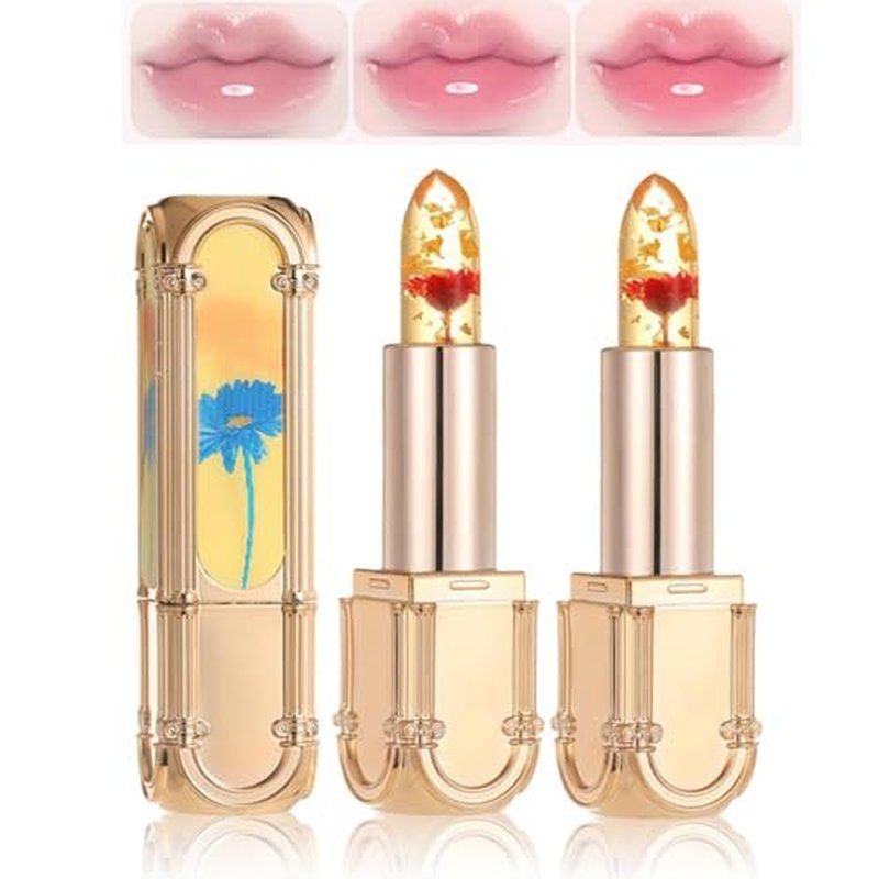 Flower Color Changing Lipstick, 2PCS Yulyoie Lipstick, Yulyoie Lip Gloss, Crystal Jelly Flower Color Changing Lipstick, Long-lasting Moisturizing Flower Jelly Color-Changing Lipstick (Red*2)