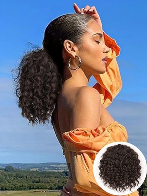 SUZYACCKR Wavy Curly Ponytail Extension, 8 Inch Black Short Soft Natural Synthetic Hairpiece Thick Drawstring Ponytail for Black Women for Daily Use
