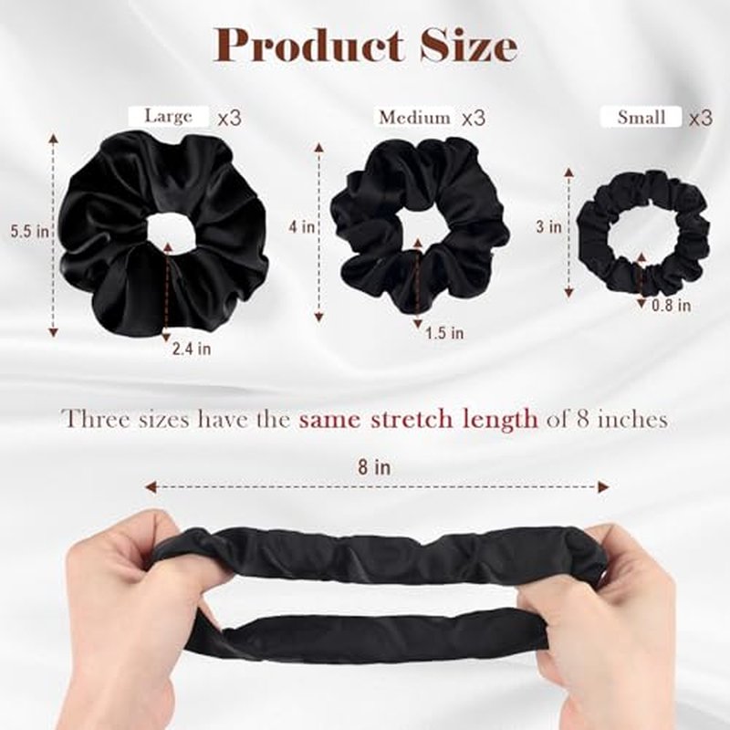 Gwabee 9 Pack Satin Hair Scrunchies for Women, No Damage Hair Ties Soft Scrunchie - Ideal Elastic Ponytail Holders for Curly Thick Hair, 3 Sizes Scrunchies Accessories Set for Women Girls (Black)