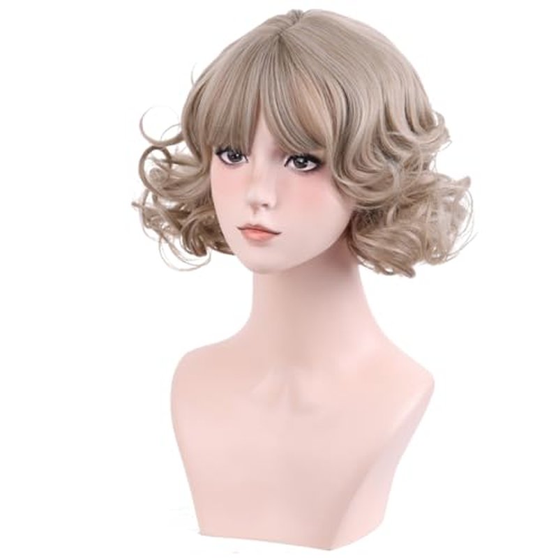 MAGQOO Ash Blonde Wig with Bangs Women Girls Short Curly Wavy Fluffy Wig Blonde Hair Wigs Halloween Cosplay Costume Party Wig