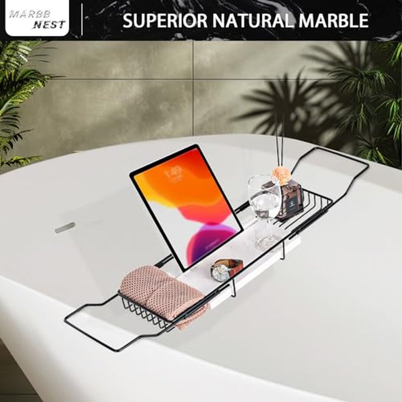 MARBBNEST Bathtub Tray Caddy for Luxury Bath Expandable Extra Wide Bath Tub Tray with Natural Marble Tray and Mobile/Tablet Stand, Ideal for Home Spa Lovers(Black + Jazz White)