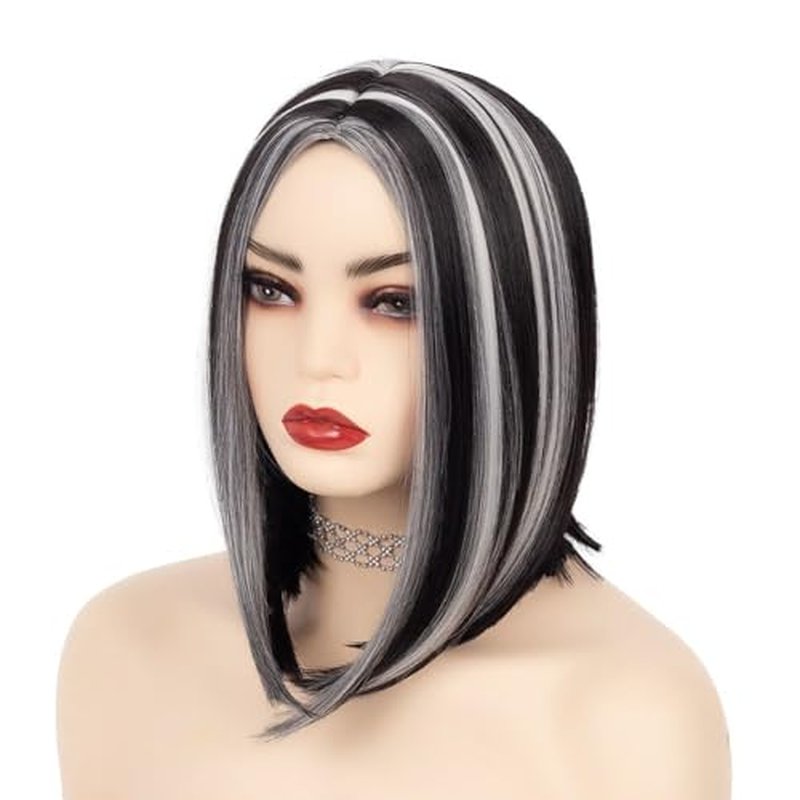 Salaibs Black White Bob Wigs for Women Straight Short Wig with White Highlight Synthetic Middle Part Heat Resistant Hair Wig for Daily Party Use