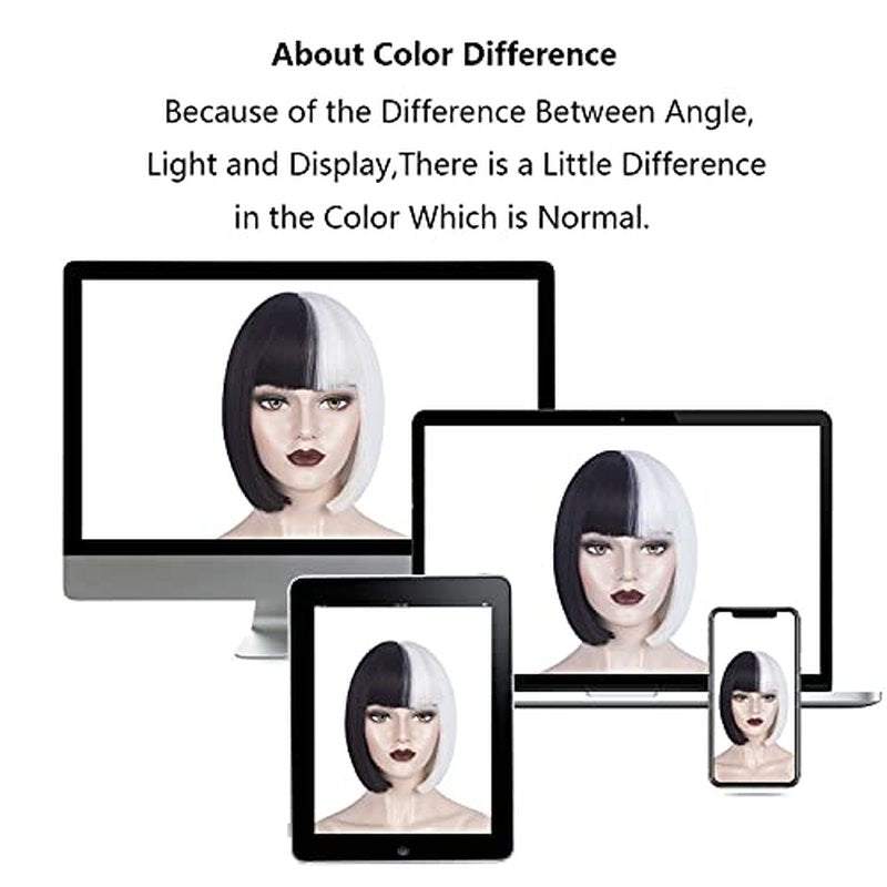 WeKen Black and White Wig for Girls Short Bob Half Black Half White Wig with Bangs for Women Cosplay Synthetic Wig Daily Party (A Black White)