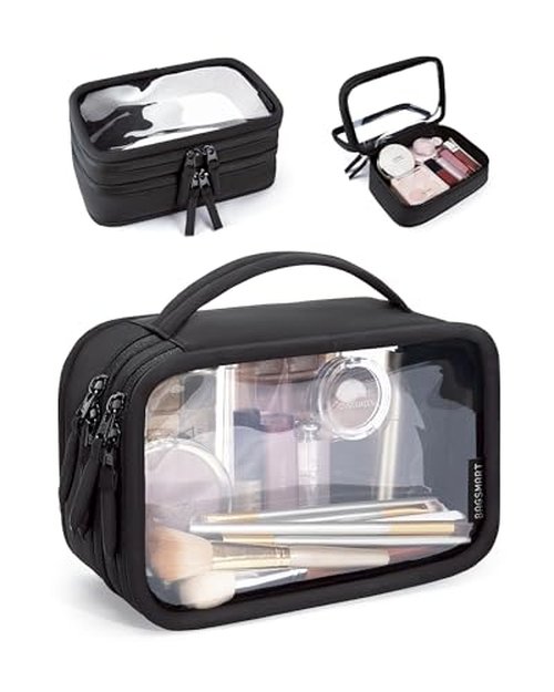 BAGSMART Double Layer Clear Makeup Bag, TSA-Approved Toiletry Bag, Large Opening with Handle, Cute Water-Resistant Travel Cosmetic Bag with Double Zipper for Car Essentials(Black)