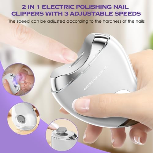 2 in 1 Electric Polishing Automatic Nail Clippers with LED Light,Electric Nail Clipper,Safe Fingernail & Toenail Clippers 3-Speed Automatic Nail Trimmer for Kids, Adults, Elderly (Black)