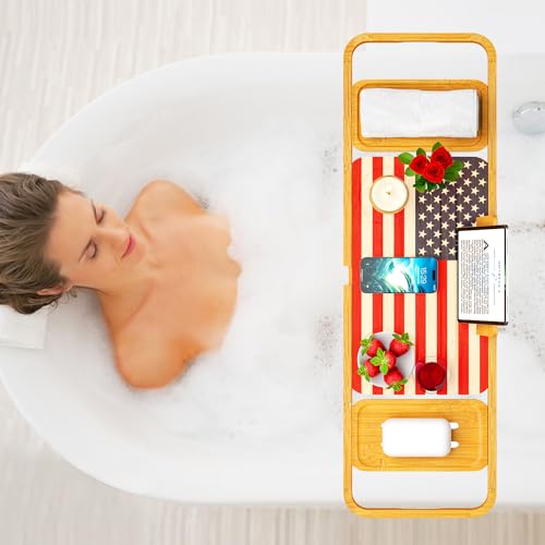 Premium Bamboo Bathtub Tray Caddy - 2024 New Bath Caddy Tray - Luxury Bathtub Tray Table - Bath Tub Tray, Expandable Size, Fits Most Bath Tubs
