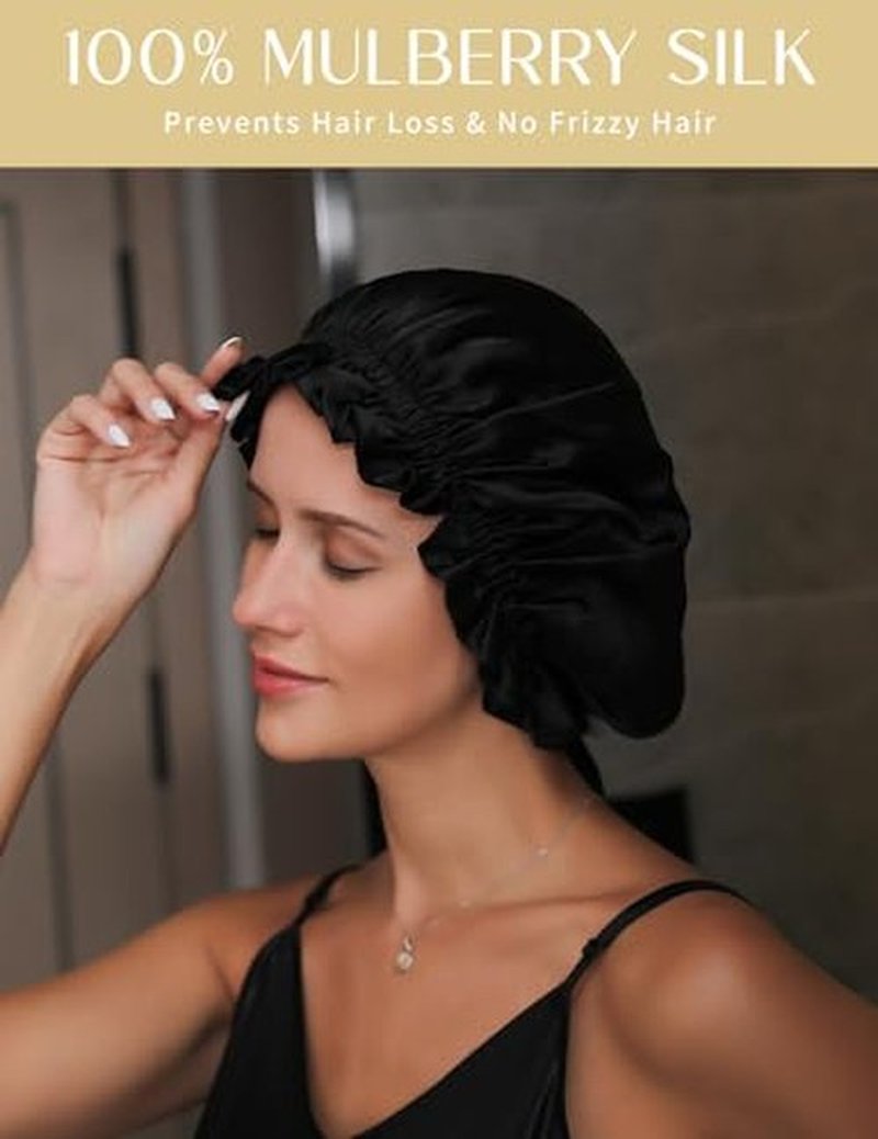 ZIMASILK 100% Mulberry Silk Bonnet for Women Hair Care, Double-Layer Silk, Natural Silk Hair Wrap for Sleeping with Elastic Stay On Head (1Pc, Navy Blue)