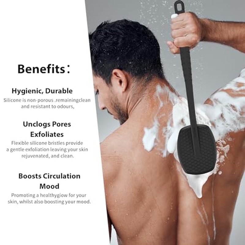 iTokGoK® All New Premium Silicone Back Scrubber with Tire Anti-Slip Long Handle for Shower, Gentle Exfoliating and Massage Brush Scrubber for Sensitive Skin for Men and Women (Black)