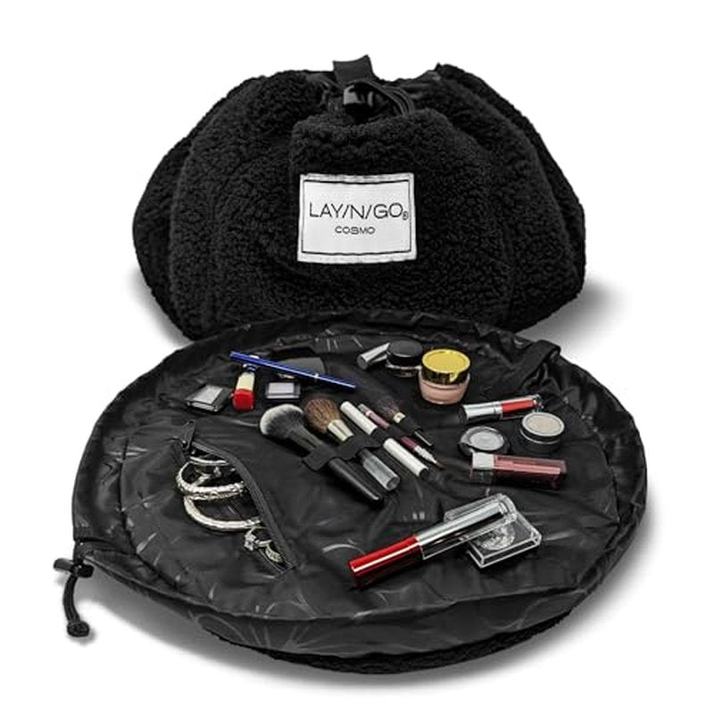 Lay-n-Go Cosmo Drawstring Cosmetic & Makeup Bag Organizer - Portable Drawstring Makeup Bag w/Zipper Pocket, Makeup Loops & More - Durable, Machine Washable Makeup Bag for Travel (20”, Comfort/Black)