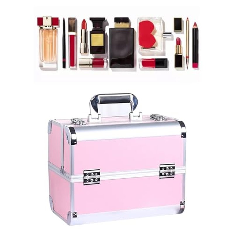Portable Makeup Case Large Space Portable Multilayer Makeup Case, Novel Design Cosmetic Train Case for Artists, Family and Friends (Pink)
