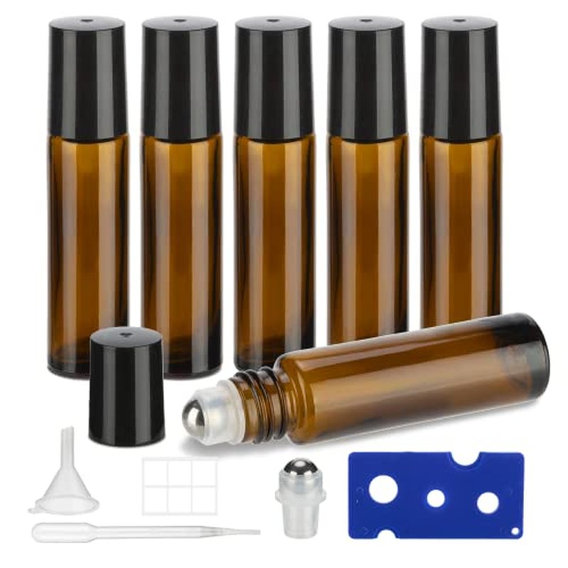 GIVITASOT 10ML Essential Oil Roller Bottles, 6 Pack Amber Oil Roller Bottles for Essential Oils, Roll on Bottles with Stainless Steel Balls(6 Labels, Opener, Funnel, Dropper Included)