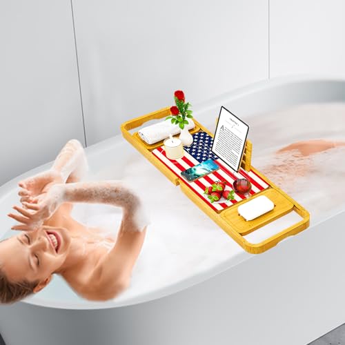 Premium Bamboo Bathtub Tray Caddy - 2024 New Bath Caddy Tray - Luxury Bathtub Tray Table - Bath Tub Tray, Expandable Size, Fits Most Bath Tubs