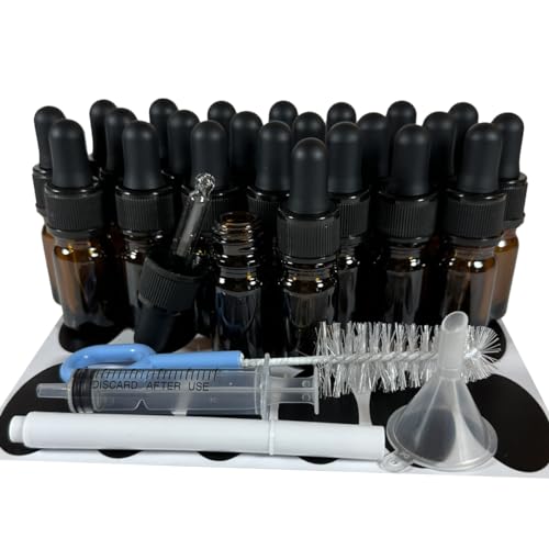 PIPIBA 24Pack 1/6 oz (5ml) Round Drip Tip Glass Eye Droppers. Essential Oil Glass Bottle. For Lab Bottles (Amber)