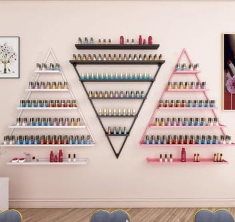 LEYSRIS Wall-Mounted Nail Polish Rack, Set of 6 Triangular White Nail Polish Shelf Lipstick Perfume Cosmetic Display Shelf for Home Spa Nail Salon Shop
