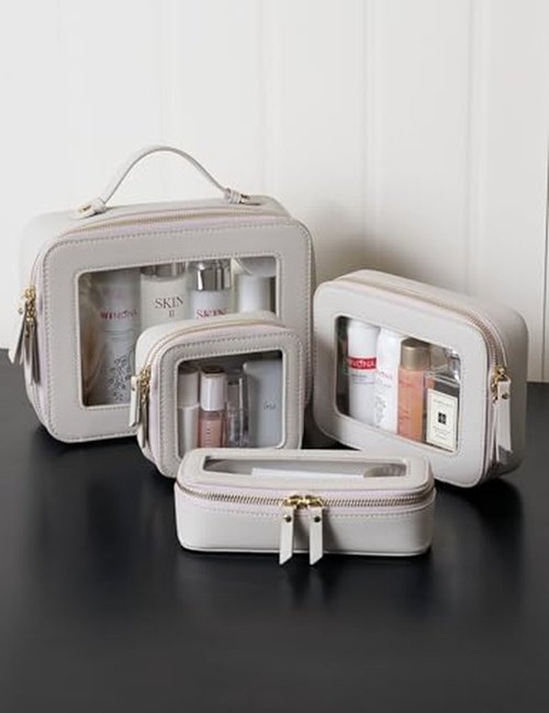 Popvibe Clear Makeup Case Toiletry Bag Travel Medium Clear Cosmetic Bag with Zipper, Small Make Up Bag Organizer Traveling TSA Approved Transparent Bag Car for Essentials, Beige Grey