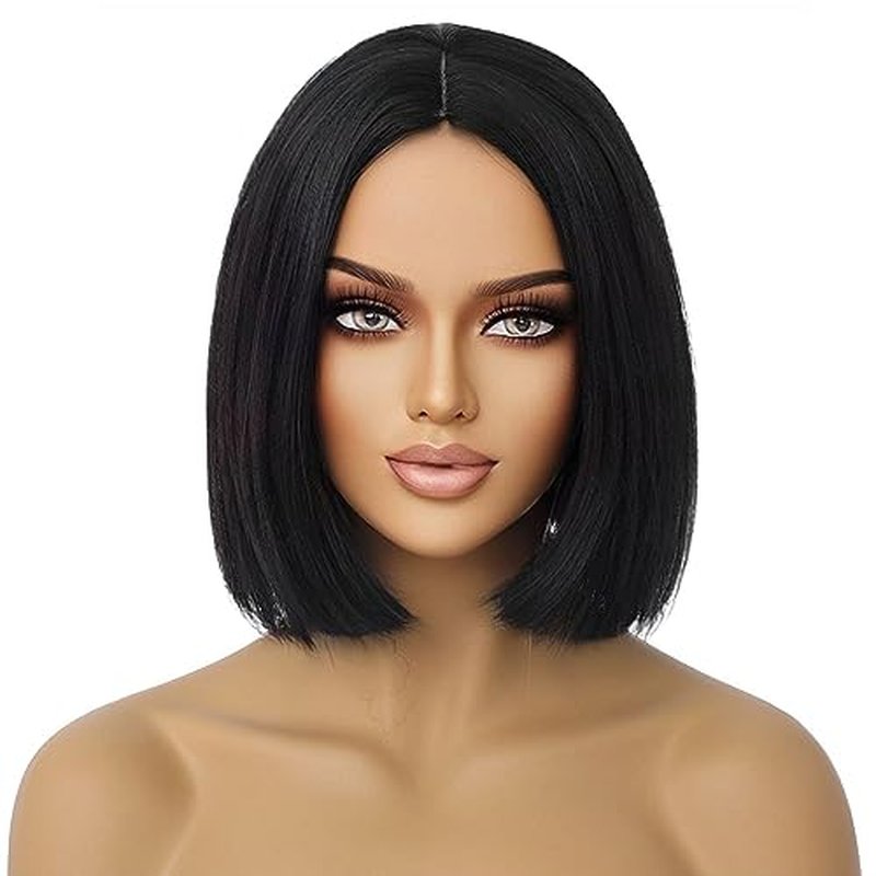 PATTNIUM Black Bob Wig for Women Short Black Wigs Straight Middle Part Black Hair Wig Natural Looking Heat Resistant Synthetic Wig