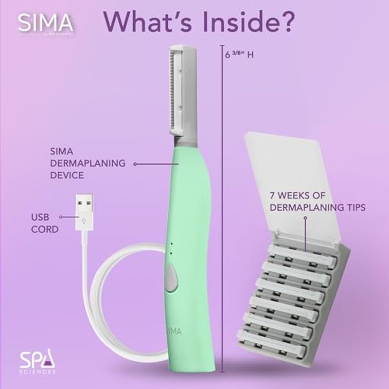 SPA SCIENCES - SIMA Sonic Dermaplaning Tool - Patented Painless 2 in 1 Facial Exfoliation & Peach Fuzz-Hair Removal System w/ 7 Weeks Treatment Included - Anti-Aging – 3 Speeds – Rechargeable