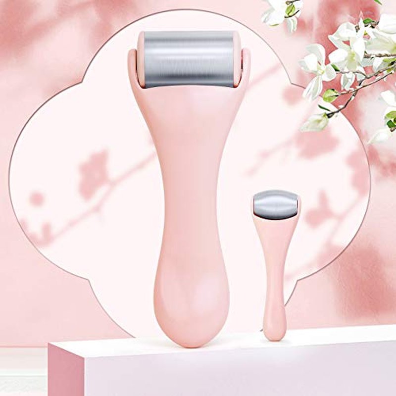Ice Roller for Face and Eye 2 Pcs,Face Roller Skin Care for Puffiness,Migraine,Pain Relief,Eye Roller For Puffy Eyes Dark Circles,Stainless Steel Facial Roller (Pink)
