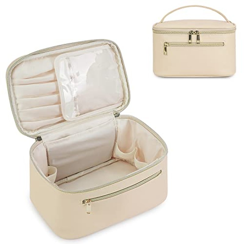 Wandering Nature Makeup Bag, Travel Make Up Organizer Cosmetic Brush Bags Case for Women in Vegan Leather, Beige(Patent Pending)