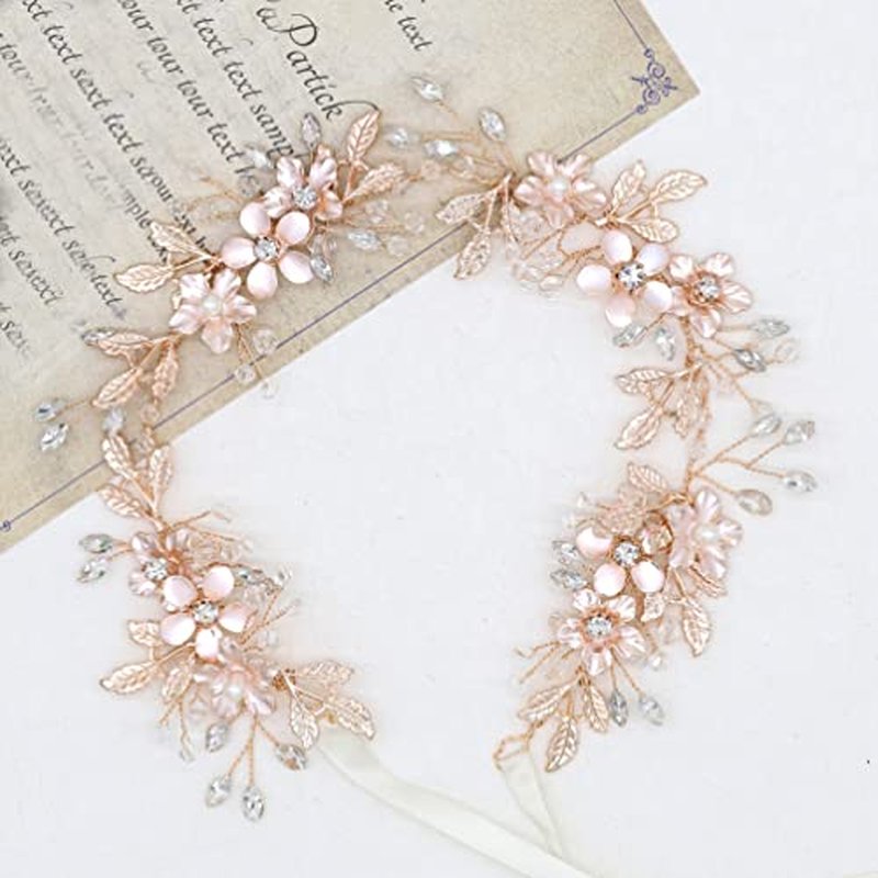 Braveamor Rose Gold Bridal Hair Vine Bohemian Style Wedding Headpiece Crystal Pearl Headband Flower Leaves Halo Wedding Hair Accessories