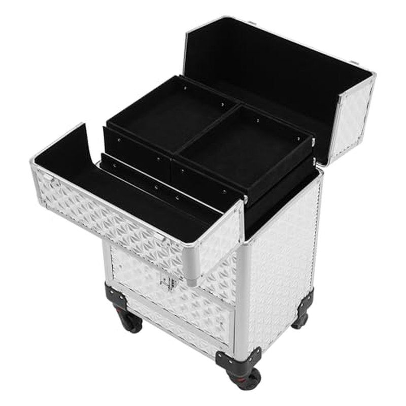 Rolling Makeup Train Case with Storage Sliding Drawer and Removable Divider, Lockable Cosmetic Travel Trolley Case with Wheels Salon Barber Travel Cart Trunk for Nail Tech Hairstylist (Silver)
