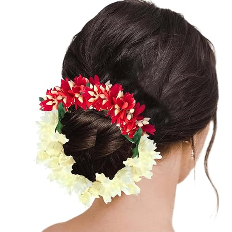Handmade Artificial Flower Plastic Mogra Gajra Veni Garland for Hair Off White 13 Inch long Juda Bun Realistic Hair Accessory (Design 1, medium)