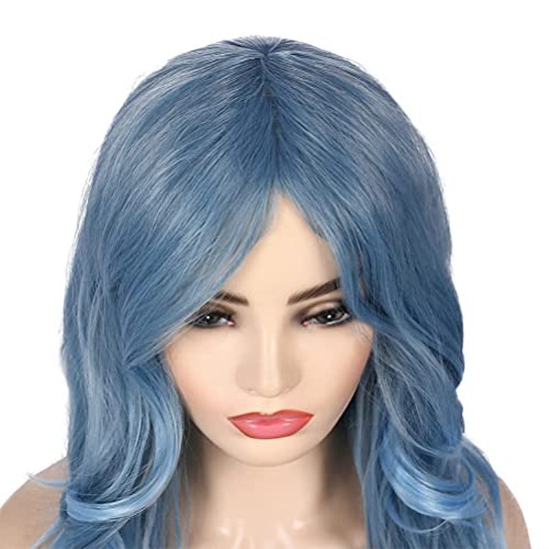 Beweig Blue Wig for Women Long Curly Wavy Pastel Blue Wig Side Part Synthetic Halloween Cosplay Wig with Wig Cap