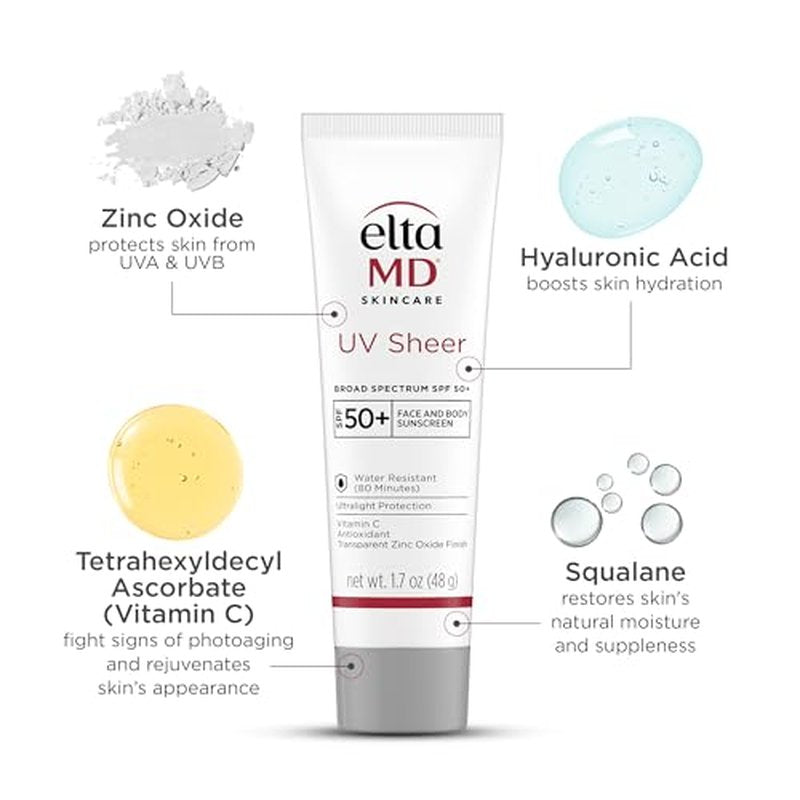 EltaMD UV Sheer Face Sunscreen, SPF 50+ No White Cast Sunscreen for Face and Body, Zinc Oxide Sunscreen Formula, 1.7 oz Tube