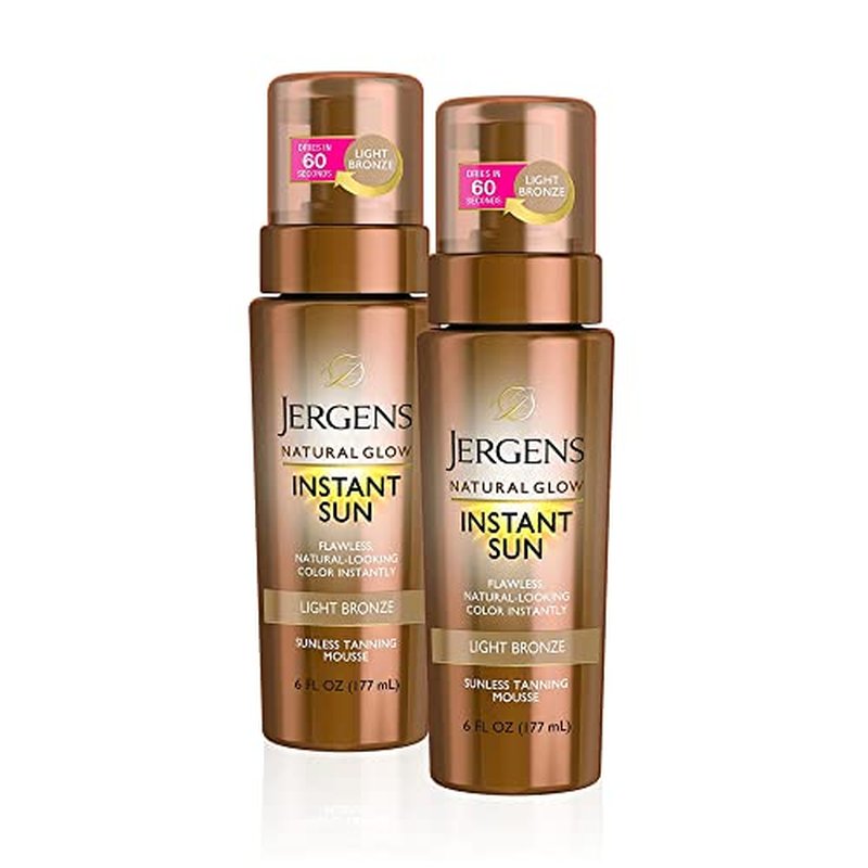 Jergens Natural Glow Instant Sun Body Mousse, Self Tanner for Light Bronze Tan, Sunless Tanning Body Bronzer for Natural Looking Color Instantly, 6 Oz, Pack of 2
