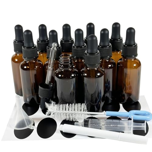 PIPIBA 12Pack 1oz (30ml) Round Drip Tip Glass Eye Droppers. Essential Oil Glass Bottle. For Lab Bottles (Blue)
