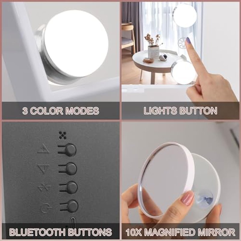 Fenair Lighted Vanity Mirror with Lights Speaker and Wireless Charging,Makeup Mirror with Lights and 10X Magnification Hollywood Mirror with 9 Dimmable LED Bulbs(White)