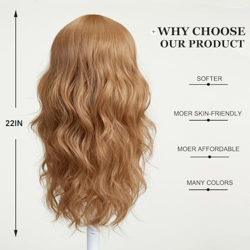 Esmee Strawberry Blonde Long Wavy Wig with Bangs for Women Natural Synthetic Hair Heat Resistant Wigs for Daily Party Cosplay Wear 22 Inches