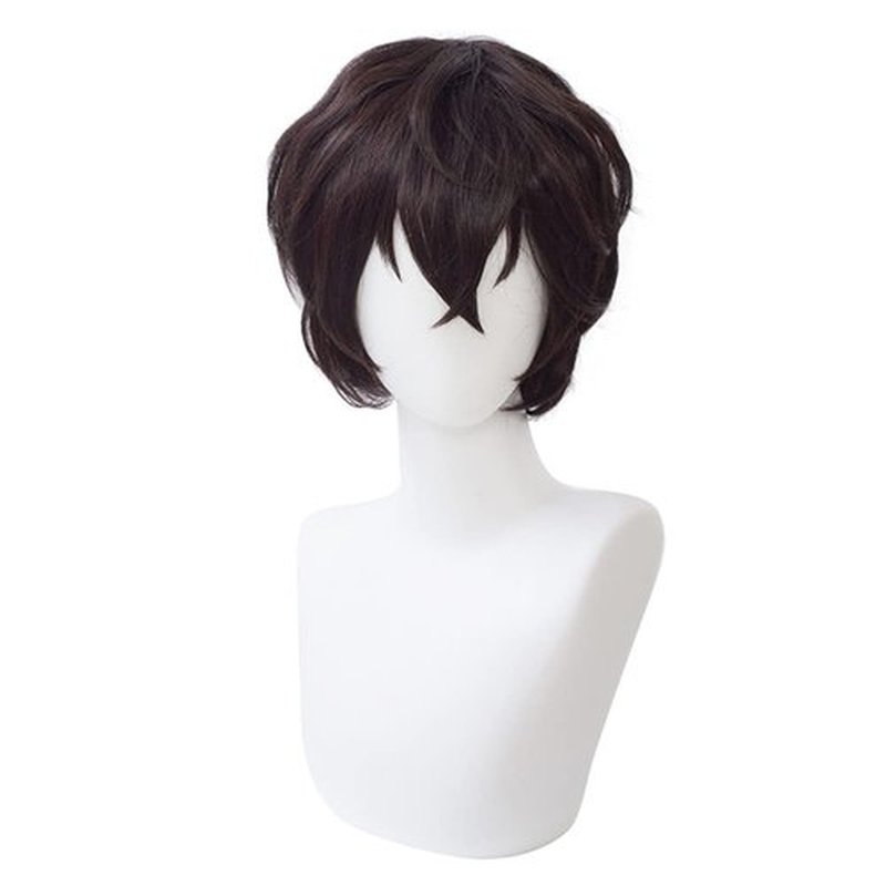 Short Brown Wig Cosplay Costume Male Men Anime Layered Fluffy Character Costume Wig Heat Resistant Halloween Party Wig + Wig Cap (Dark Brown)