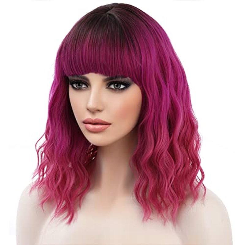 MAGQOO Hot Pink Wig for Women Ombre Hot Pink Bob Wig Short Magenta Wig Bright Pink Curly Wavy Wig with Bangs Dark Roots Synthetic Heat Resistant