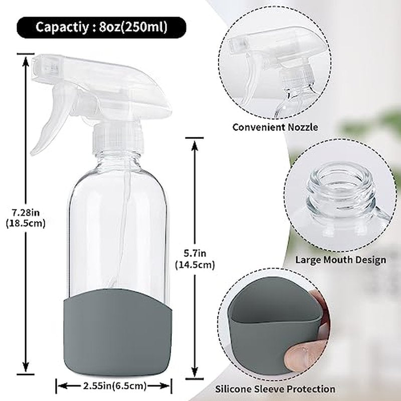 HOMBYS 8 Oz Empty Clear Glass Spray Bottles with Silicone Sleeve Protection Refillable Containers for Cleaning Solutions, Essential Oils, Misting Plants - Quality Sprayer - 1 Pack Boston Bottles